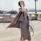 Set: Knitted Spaghetti Strap Dress + Knitted Cape