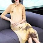 3/4-sleeve Mandarin Collar Print Midi A-line Dress
