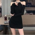Cold-shoulder Long-sleeve Mini Sheath Dress Black - One Size