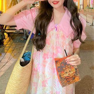Puff-sleeve Blouse / Floral Print Midi A-line Overall Dress