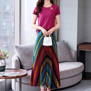 Set: Short-sleeve Top + Pleated Midi Skirt