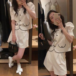 Set: Short-sleeve Contrast Trim Button-up Jacket + Shorts