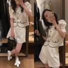 Set: Short-sleeve Contrast Trim Button-up Jacket + Shorts