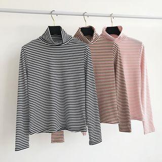 Striped Mock-neck Slim-fit Long-sleeve Top