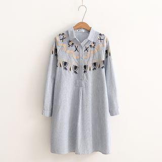Embroidered Striped Long-sleeve Shirt Dress