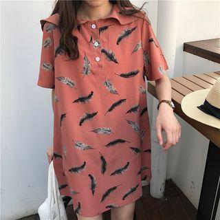 Feather Pattern Loose-fit Short-sleeve Dress