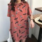 Feather Pattern Loose-fit Short-sleeve Dress