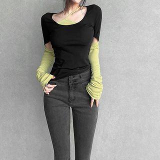 Long-sleeve Two-tone Asymmetrical Cutout Cropped T-shirt