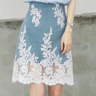 Lace Panel A-line Denim Skirt