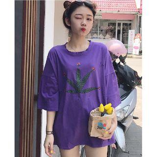 Elbow-sleeve Oversized Printed Ripped T-shirt
