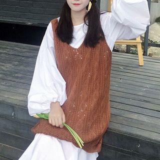 Set:plain Crewneck Puff-sleeve Dress + V-neck Sleeveless Knit Dress