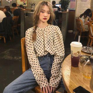 Long-sleeve Dotted Chiffon Top Black Dots - Off-white - One Size
