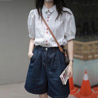 Puff Sleeve Striped Shirt / Mid-rise Denim Shorts