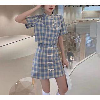 Set: Short-sleeve Plaid Qipao Top + Mini Skirt