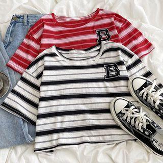 Short-sleeve Striped Lettering Cropped T-shirt
