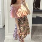 Set: Plain Off Shoulder Elbow Sleeve Top + Floral Print Flared Skirt