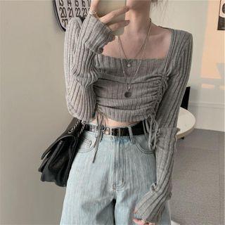Square-neck Drawstring Ruched Knit Top