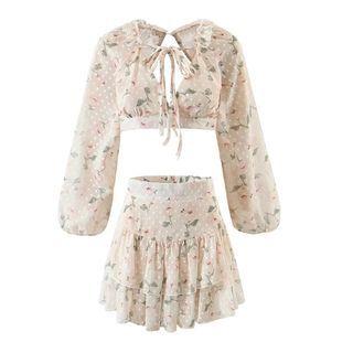 Set: Balloon-sleeve Floral Cropped Blouse + Mini A-line Skirt