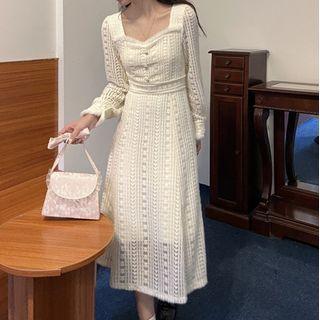 Long-sleeve Square-neck Lace Furry Trim Dress