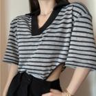 Short-sleeve Collared Striped T-shirt Stripe - Black & Gray - One Size