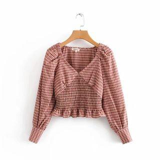 Plaid V-neck Long-sleeve Cropped Blouse