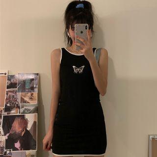 Printed Mini Sheath Tank Dress Black - One Size