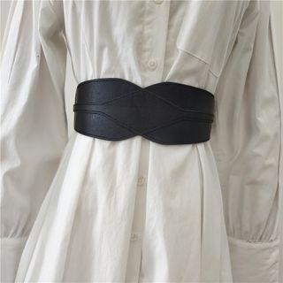 Faux Leather Elastic Band Panel Wide Belt Black - One Size