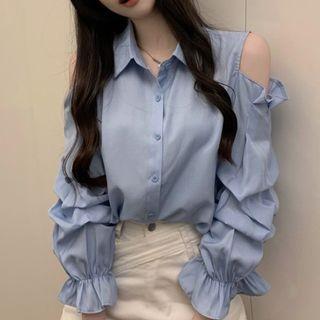 Long Sleeve Cold Shoulder Ruffle Shirt