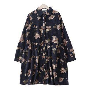 Long-sleeve Floral Mini A-line Shirtdress