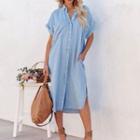 Short-sleeve Slit Denim Midi Shirt Dress