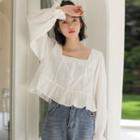 Long-sleeve Square-neck Cropped Blouse White - One Size