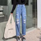 High Waist Distressed Washed Straight Leg Jeans