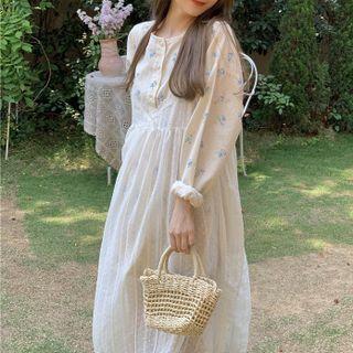 Floral Print Long Blouse / Spaghetti Strap Lace Dress