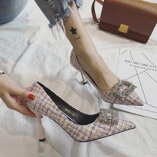 Fabric Rhinestone Buckle High Heel Pumps
