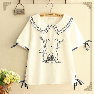 Cat Embroidered Short-sleeve Blouse