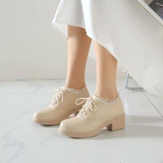Frill Trim Faux Leather Block Heel Oxford Shoes
