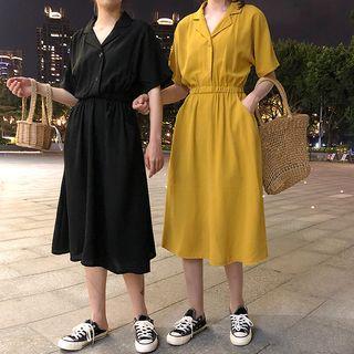 Short Sleeve Gather Waist Midi Dress