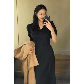 Puff-shoulder Elbow-sleeve Pintuck Midi Dress