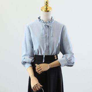 Mock-neck Plain Ruffle Button-up Top / High-waist Plain A-line Skirt