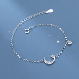 Moon & Star Rhinestone Sterling Silver Bracelet 1 Pc - Silver - One Size