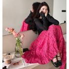 Long-sleeve Plain Top / High-waist Floral Print Midi Skirt