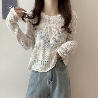 Round-neck Plain Cutout Long-sleeve Knit Top