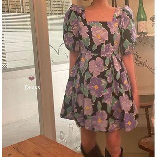 Puff-sleeve Flower Print Mini A-line Dress Purple Floral - Black - One Size