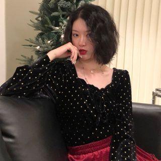 Lantern-sleeve Square-neck Lace-up Dot Velvet Top