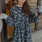 Long-sleeve Floral Printed Dress Black - One Size