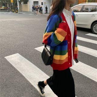 Color Block Striped V-neck Cardigan As Shown In Figure - One Size