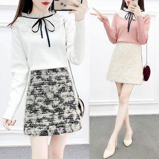 Set: Ruffled Bow-accent Knit Top + A-line Skirt