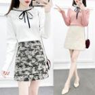 Set: Ruffled Bow-accent Knit Top + A-line Skirt