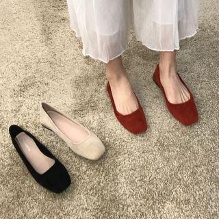 Velvet Square-toe Low-heel Pumps
