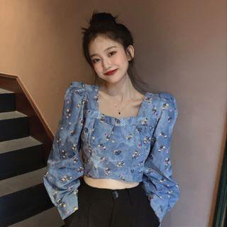 Floral Print Denim Blouse As Shown In Figure - One Size